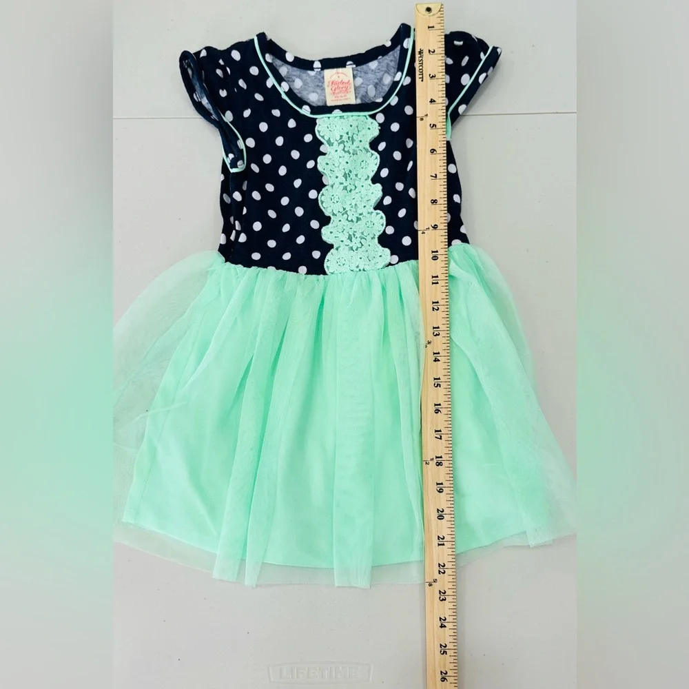 Faded Glory Girls 4/5 Short Sleeve Green/Blue Polka Dot‎ Chiffon Dress